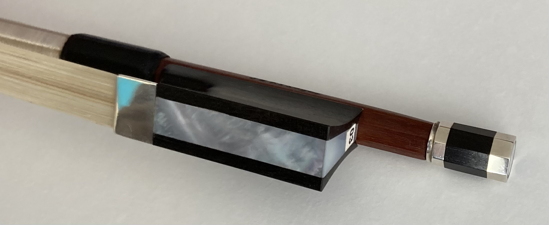 Side view of frog of #3 cello bow by Jeffrey Krieger